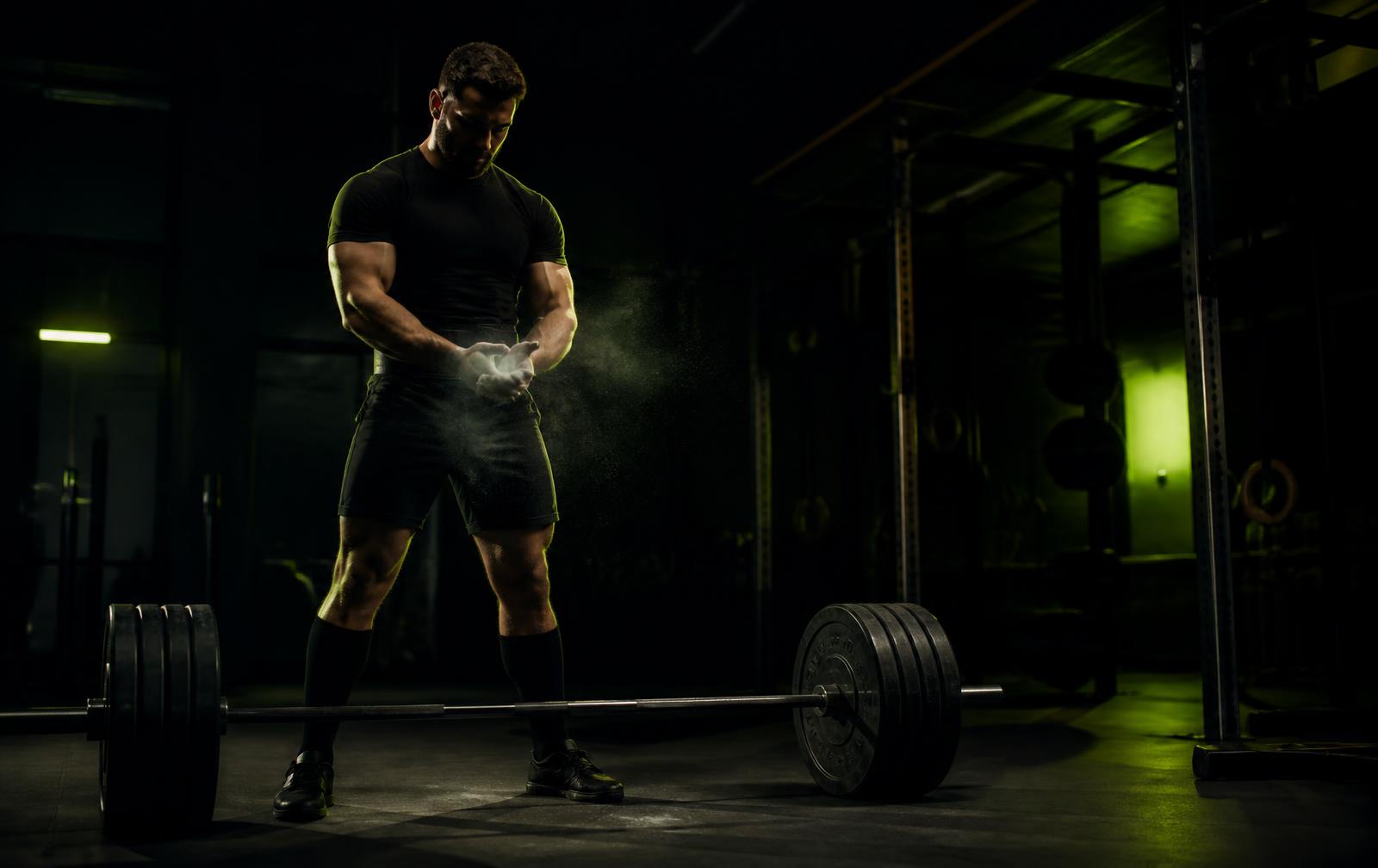 Lifter chalking hands beside a loaded barbell in a dark gym
